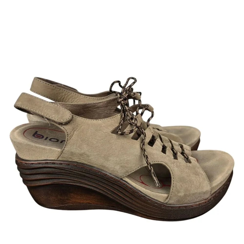 Bionica Ghillie Sirus Women's 10 Stone Tan Lace Up Wedge Suede Leather Sandals
